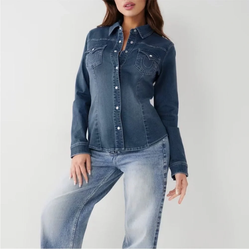 True Religion Chambray Western Denim Shirt Shacket Dark‎ Pearl Snap Button New M - Picture 6 of 13